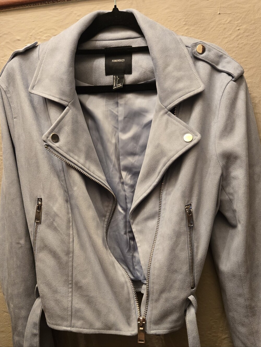 Forever 21 Dusty Blue Faux Suede Moto Jacket Cropped Biker Jacket Size Large